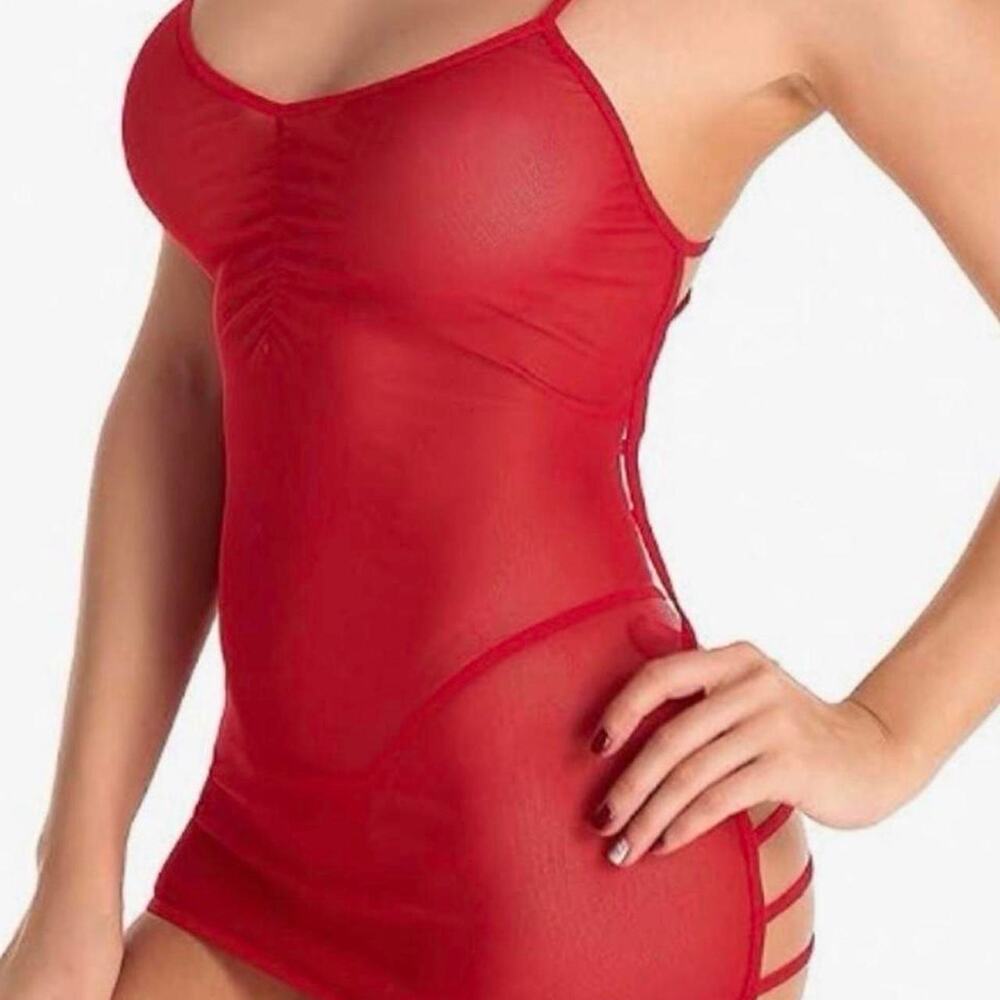 Red Sheer Mesh Bodysuit Y2K Coquette Lingerie Strappy Ruched Romper Medium